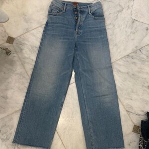 MOTHER Classic Denim Wide Leg Jeans - High Waisted Spinner Ankle Fray